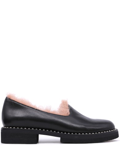 Чорні шкіряні хутром лофери жіночі з